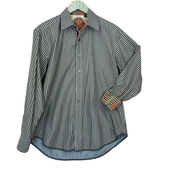 Robert Graham Button Up Shirt Men Medium Striped Blue Gray Velvet Trim Flip Cuff - Picture 1 of 16